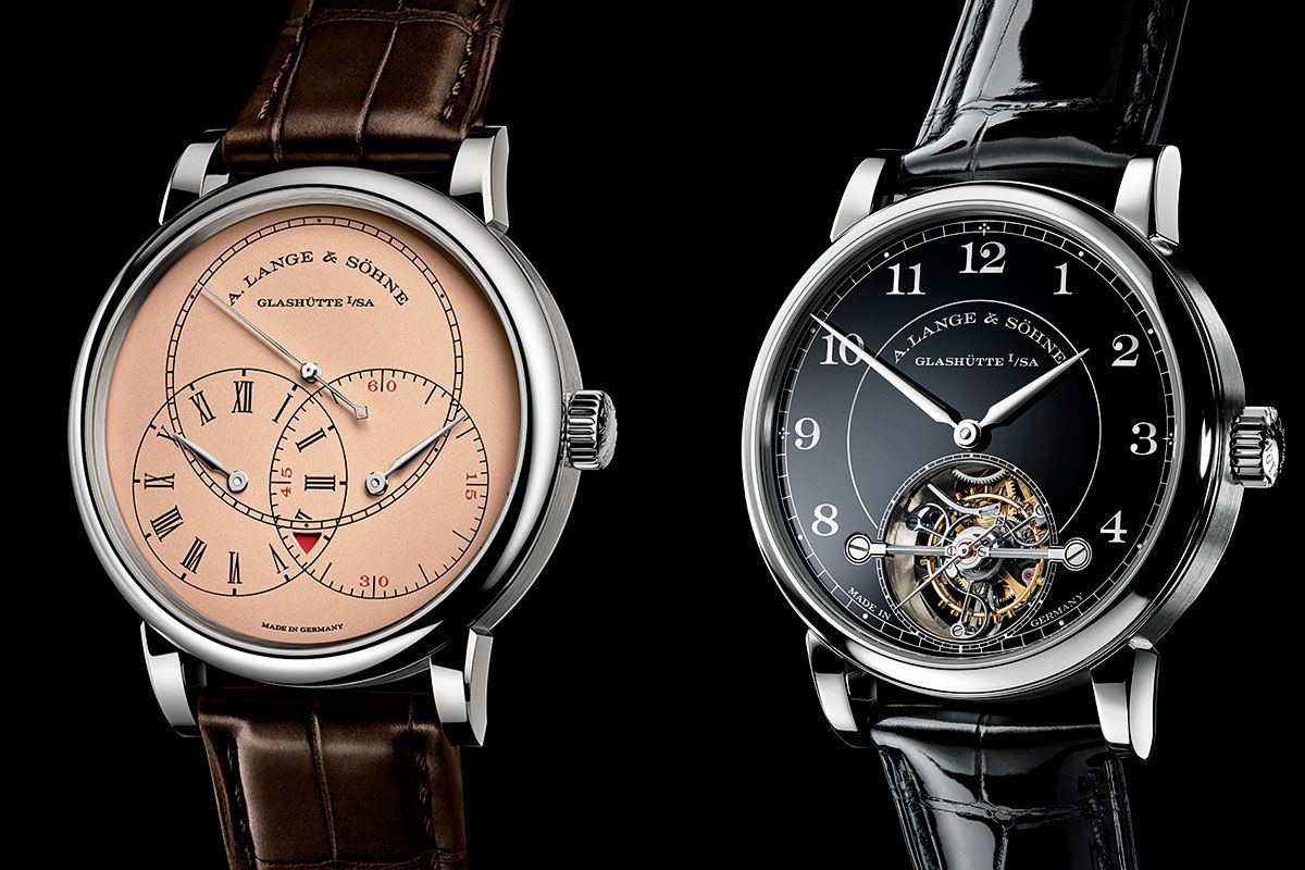 左：ピンクゴールドのレギュレーターダイアルを備えたホワイトゴールド製の「リヒャルト・ランゲ・ジャンピングセコンド」。右：ブラックエナメルダイアルが目を惹くプラチナ製の「1815 トゥールビヨン」