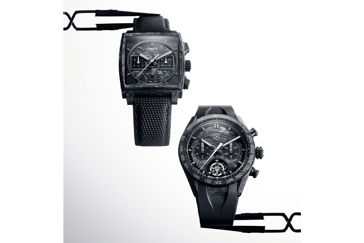左：タグ・ホイヤー モナコ フライバック クロノグラフ TH-カーボンスプリングはケースサイズ39mm、260万7000円（12月発売予定）。右：タグ・ホイヤー カレラ トゥールビヨン クロノグラフ エクストリームスポーツTH-カーボンスプリング（右）はケース直径44mm、613万2500円（2026年発売予定）。