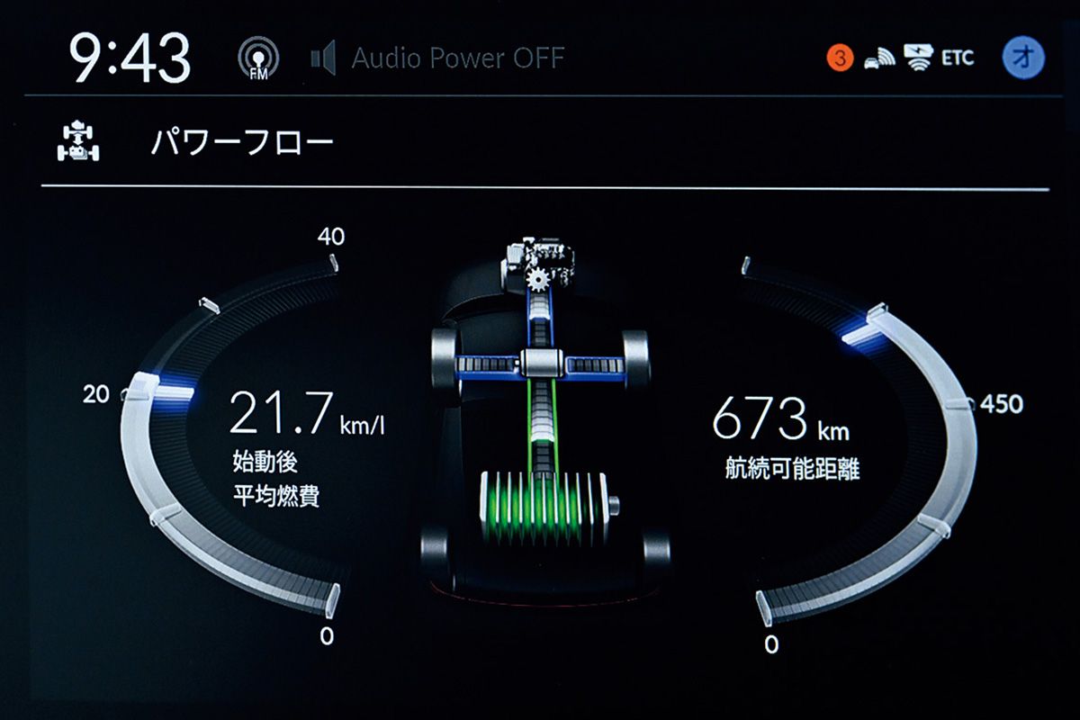 直結モード時はモニターのパワーフロー表示でエンジンの上に小さな歯車のマークが出るのが目印だ。