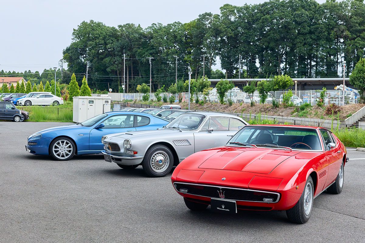 手前から、1972年型ギブリSS、1965年型セブリング・シリーズ2、1998年型3200GT。
