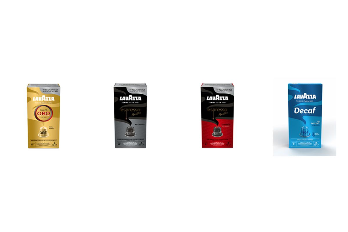ネスプレッソ・マシンでイタリアの味を楽しめるカプセル。左から、クオリタ・オロ、エスプレッソ・マエストロ・リストレット、エスプレッソ・マエストロ・クラシコ、デカフェ。※ラバッツァ社はネスプレッソと提携、推薦、後援関係にありません。