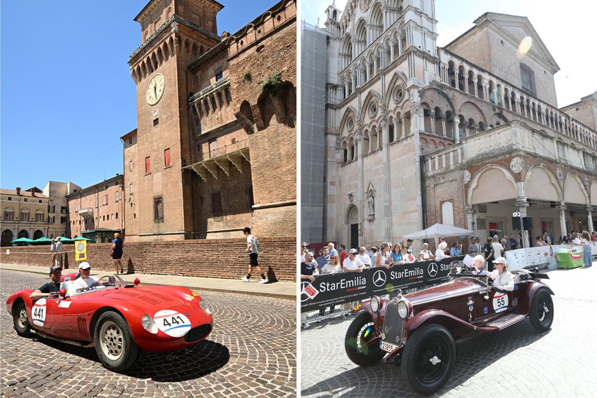 ▲エミリア=ロマーニャ州フェラーラを行く1957年のオスカS750(左)と、1930年のアルファ ロメオ 6C 1750 GSスパイダー・ザガート