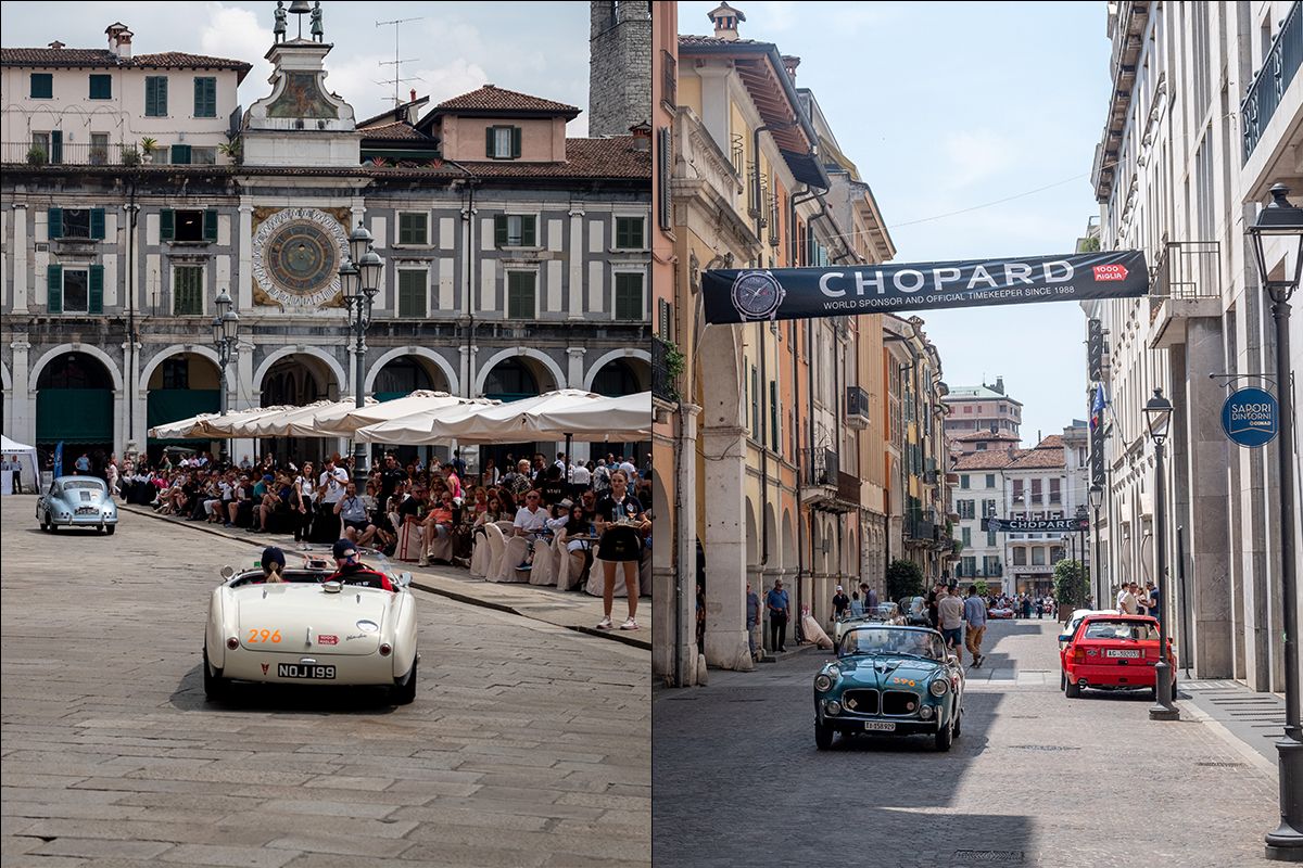 ▲ブレシアの広場をスタートし、まずは街中を駆け抜ける。左写真の手前は1955年のオースチン・ヒーレー100S。その前はポルシェ356。右写真は1955年のフィアット1100/103 TVスパイダー。